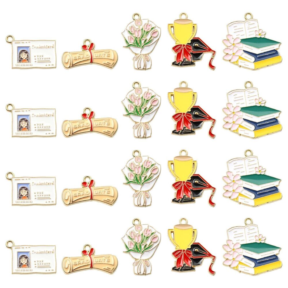 3499 30Pcs 5 Styles Enamel Graduation Charms Trophy Flower Bouquet Charms